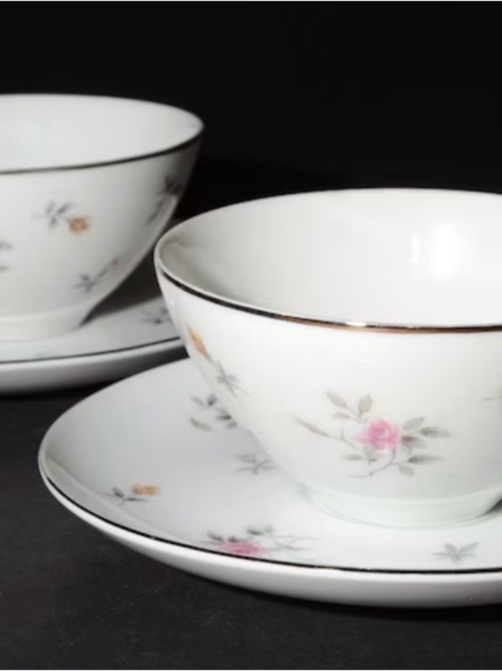 8 set duo of Teacup and Saucer with Pink and Yellow scattered red rosebuds
